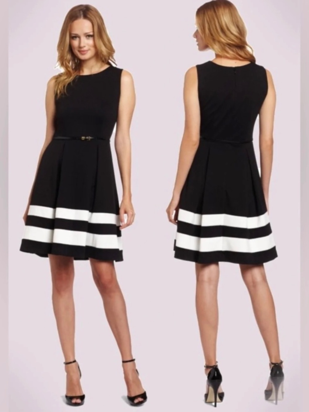 **NWOT** Calvin Klein Black & White Sleeveless Belted Fit-and-Flare Dress